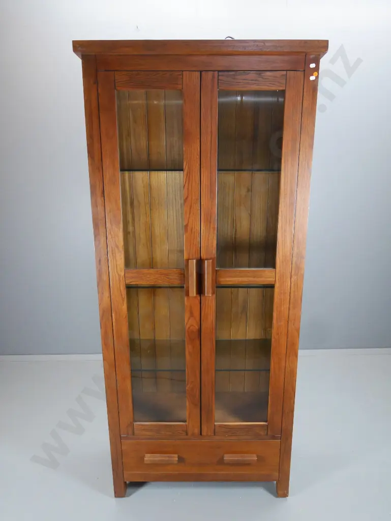 large oak illuminated display cabinet with 2 glazed doors, single drawer, 3 adjustable glass shelves H1925 W860 D360 Image 1++