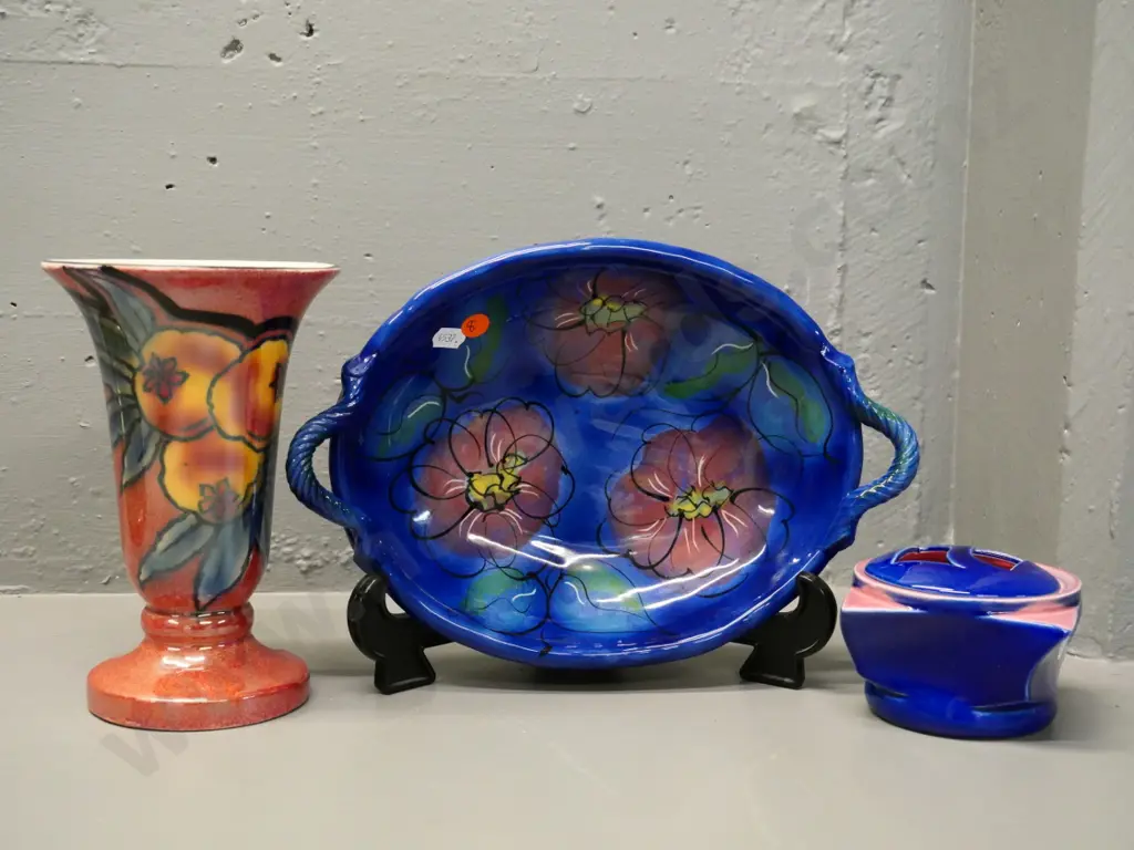 3 pieces of hand-painted pottery - Eido NZ trinket, English vase H-200 and a handled dish Image 1++