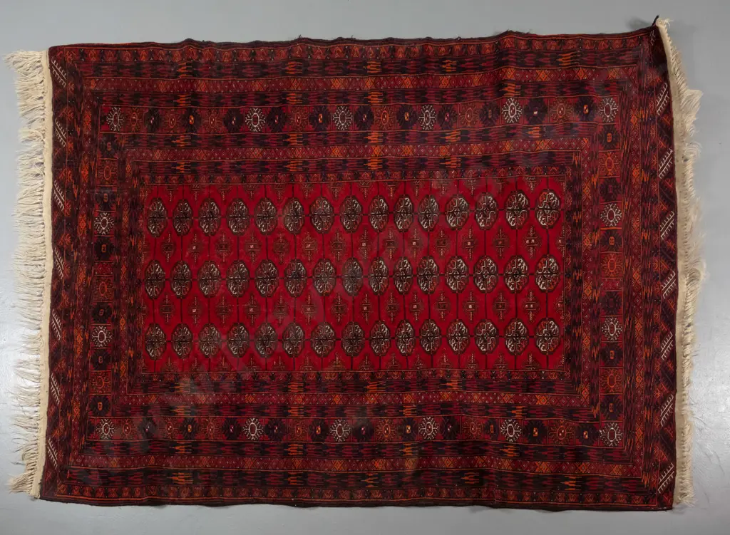 hand-knotted wool floor rug - red, orange and black,- some fraying to edges L-1610 W-1270 Image 1++