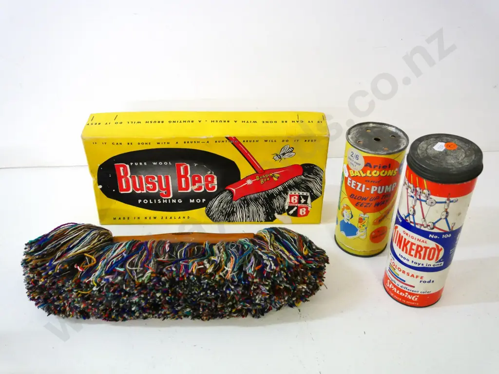 Busy Bee polishing mop head in original box, Tinker-Toys in original tube, and an Ariel balloon pump Image 1++