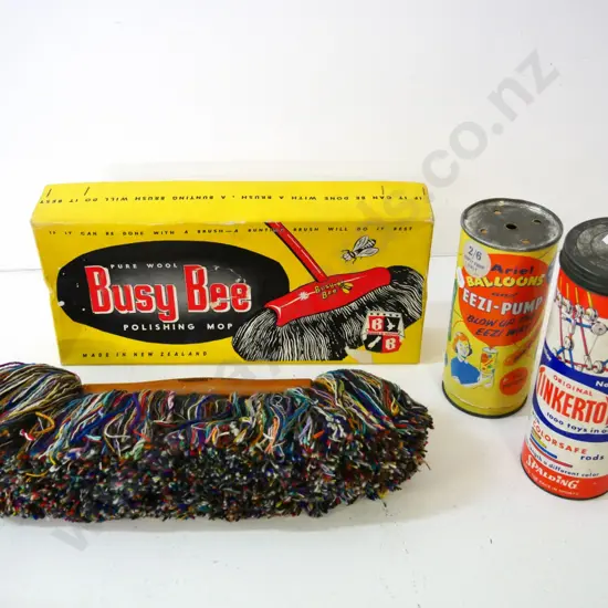 Busy Bee polishing mop head in original box, Tinker-Toys in original tube, and an Ariel balloon pump