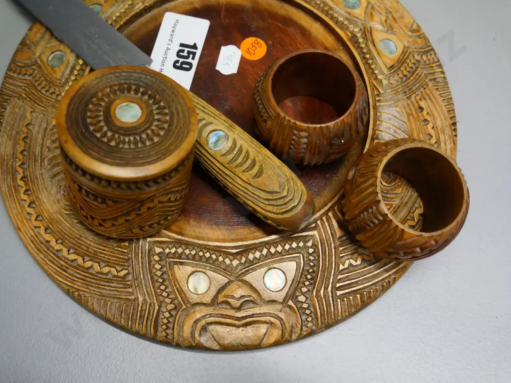 chip-carved wood & paua set of bread board, knife, napkin rings and cover pot - missing plate for board Image 1++