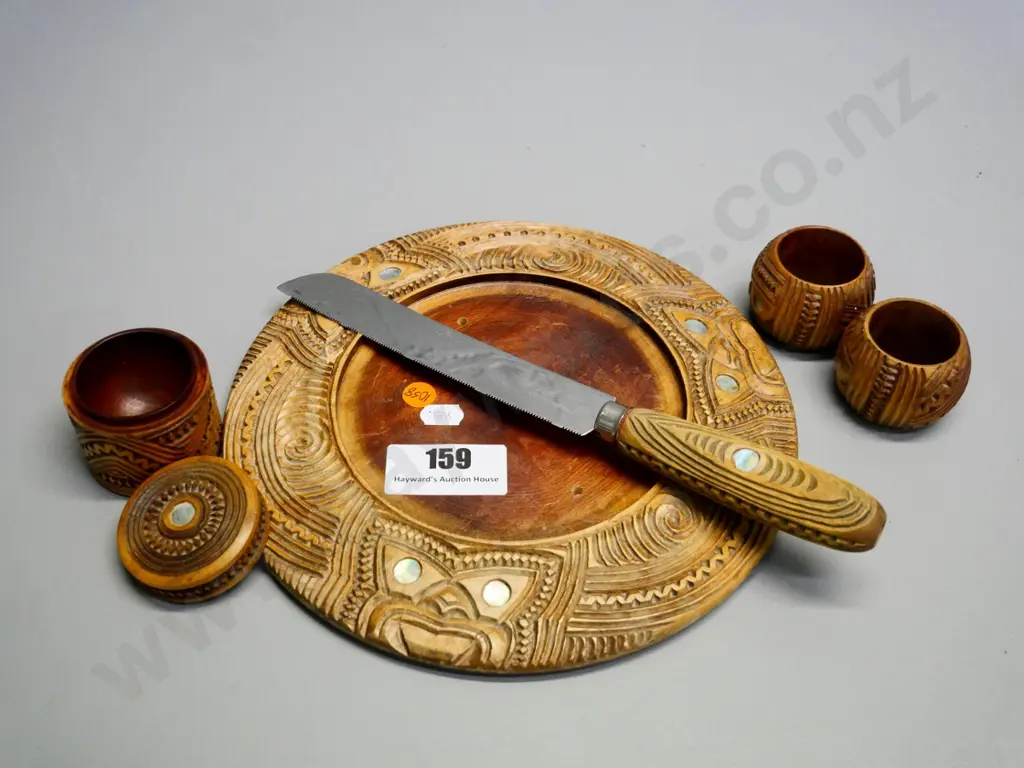 chip-carved wood & paua set of bread board, knife, napkin rings and cover pot - missing plate for board Image 1++