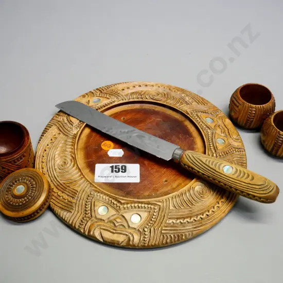 chip-carved wood & paua set of bread board, knife, napkin rings and cover pot - missing plate for board