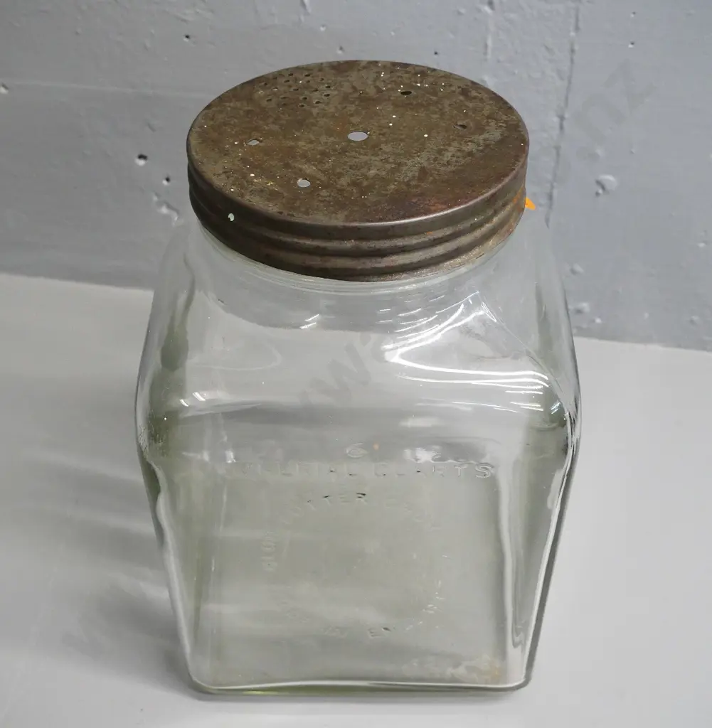 large glass "Blow" Made in England butter churn jar with perforated metal lid, no mechanism marked H-300 W-180 D-180 Image 1++