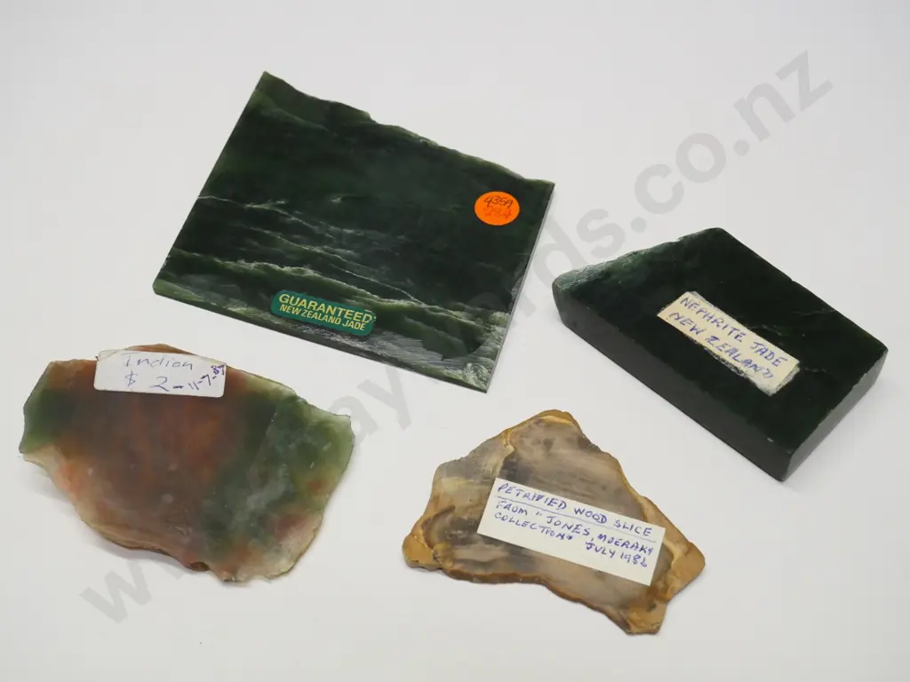 piece of NZ Jade, nephrite jade, petrified wood slice & piece of Indian stone? Image 1++