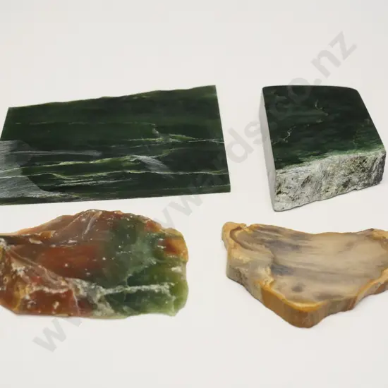 piece of NZ Jade, nephrite jade, petrified wood slice & piece of Indian stone?