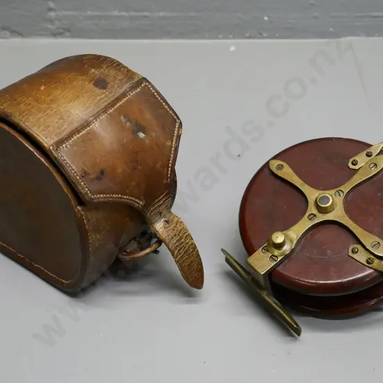 wood and brass fishing reel with horn or bone handles, leather case - no maker's marks - diameter 100