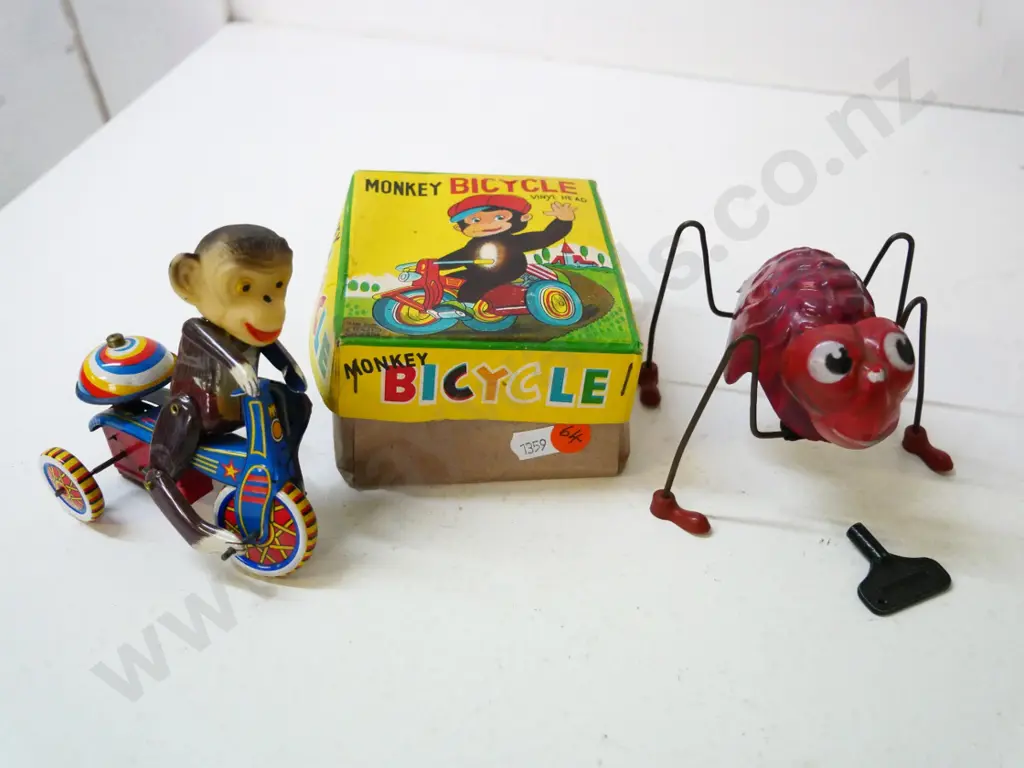 2 wind up tin toys - boxed monkey on a bicycle (Japan) and The Great Spider - both going Image 1++
