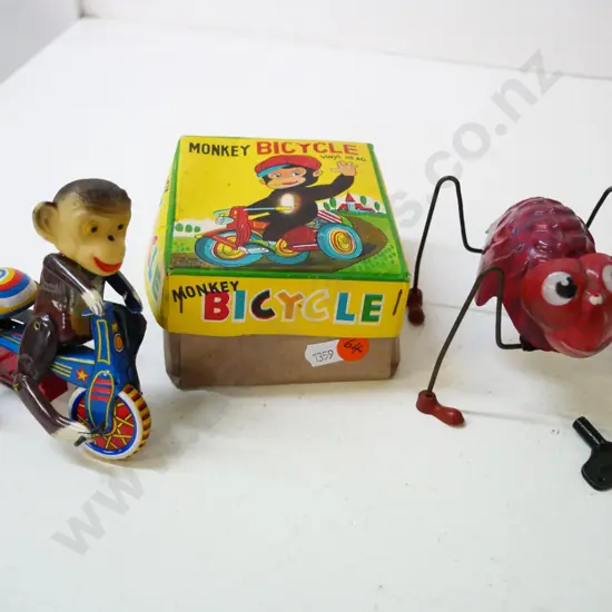 2 wind up tin toys - boxed monkey on a bicycle (Japan) and The Great Spider - both going