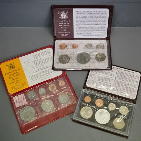 3 New Zealand cased collector coin sets - two 1981 Royal Visit and one 1969 Cook Commemorative