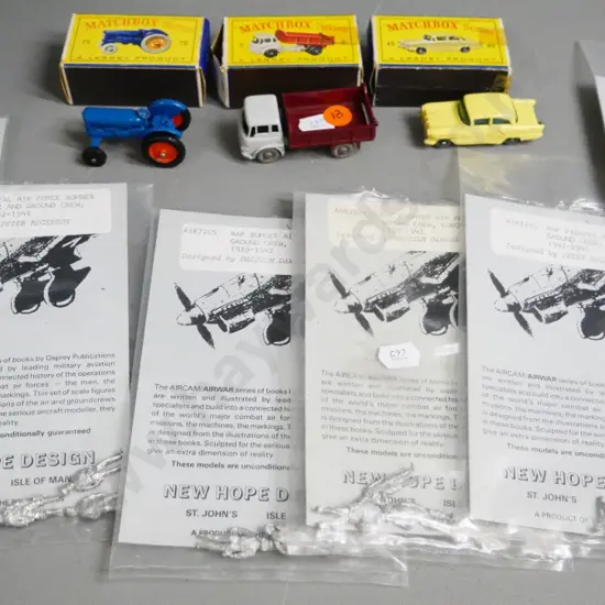 3 Matchbox vehicles with original boxes and 6 as-new New Hope Designs cast metal military WWII air crew figures