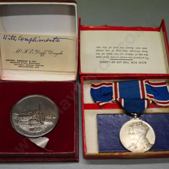 George VI Coronation medal with ribbon and 1956 Wellington Centenary medal 'Plimmer's Noah's Ark'