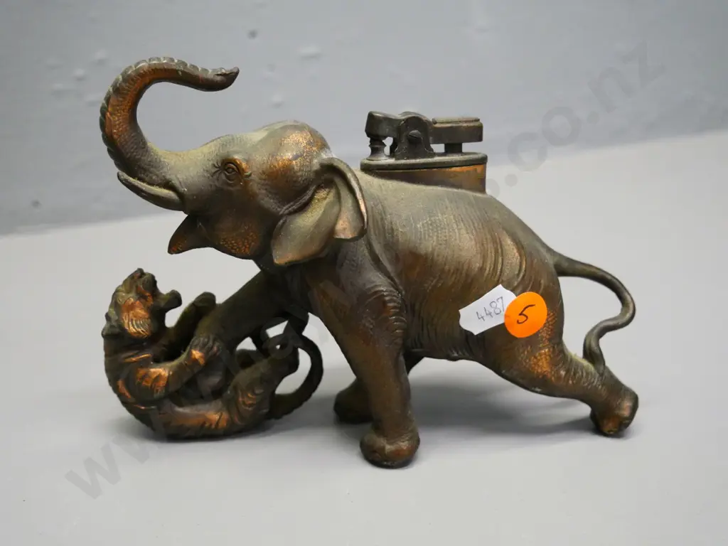 cast metal copper finish elephant & tiger motif table light marked Made in Occupied Japan H-120 L-200 Image 1++