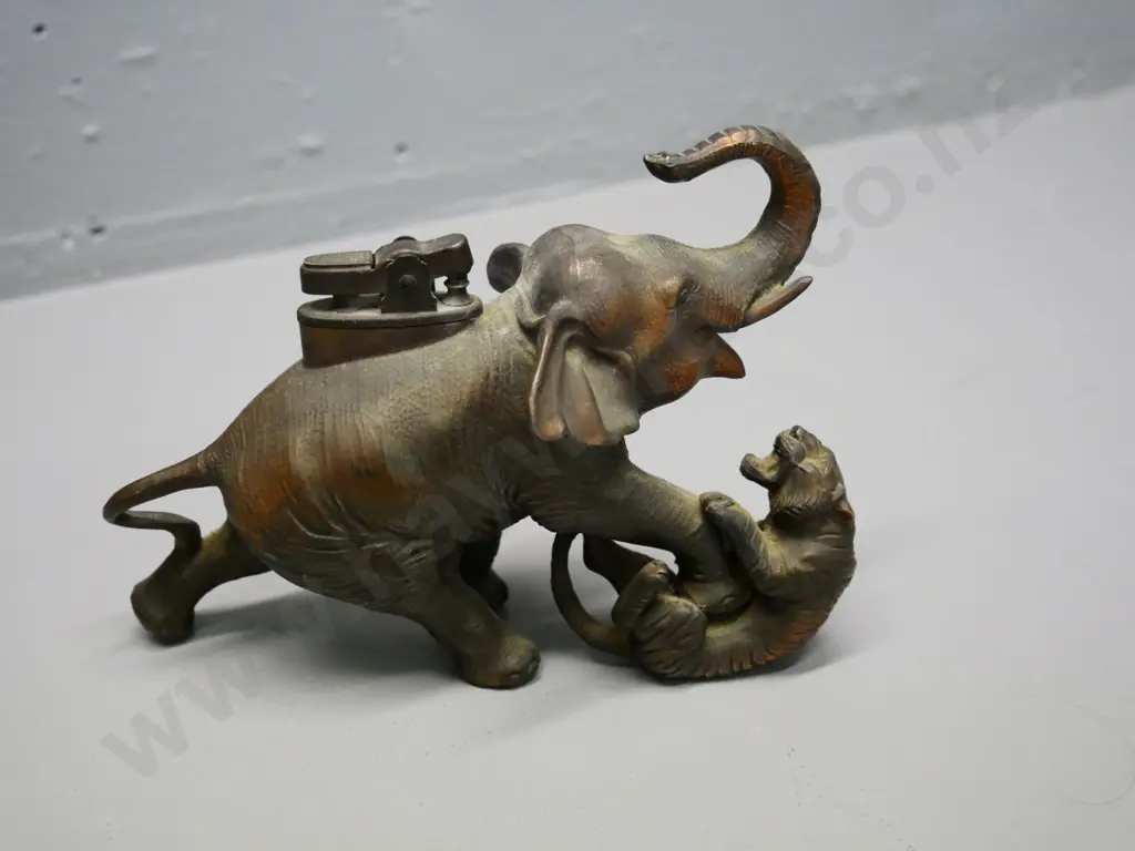 cast metal copper finish elephant & tiger motif table light marked Made in Occupied Japan H-120 L-200 Image 1++