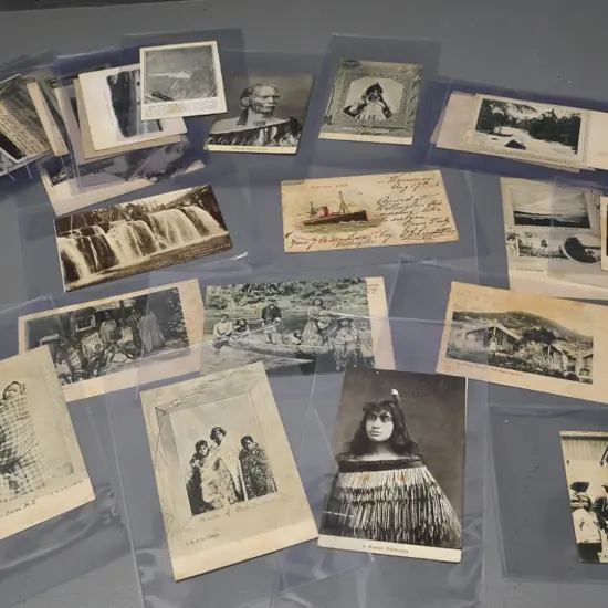 postcard collection and leather wallet - mainly New Zealand, a few Australia, incl. Dunedin, lots of Maori subjects