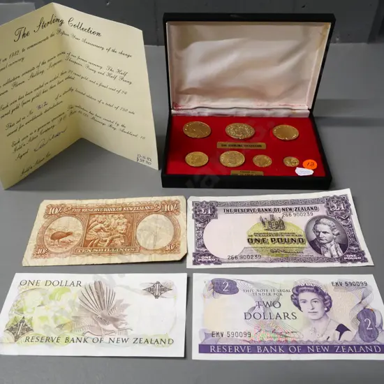 1982 cased "Sterling Collection" gold-plated pre-decimal coin set and 4 bank notes, pre & post decimal