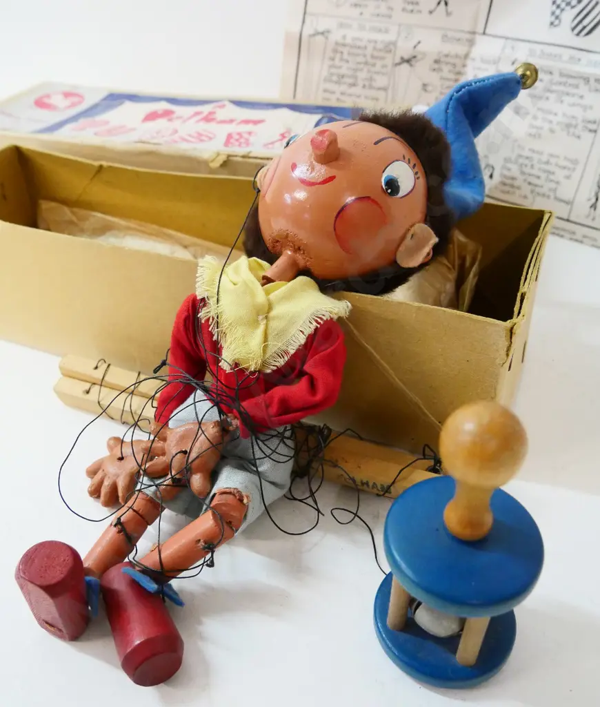 Pelham Puppets Noddy marionette in original box - a bit tangled up but in good order - and vintage wooden bell rattle Image 1++