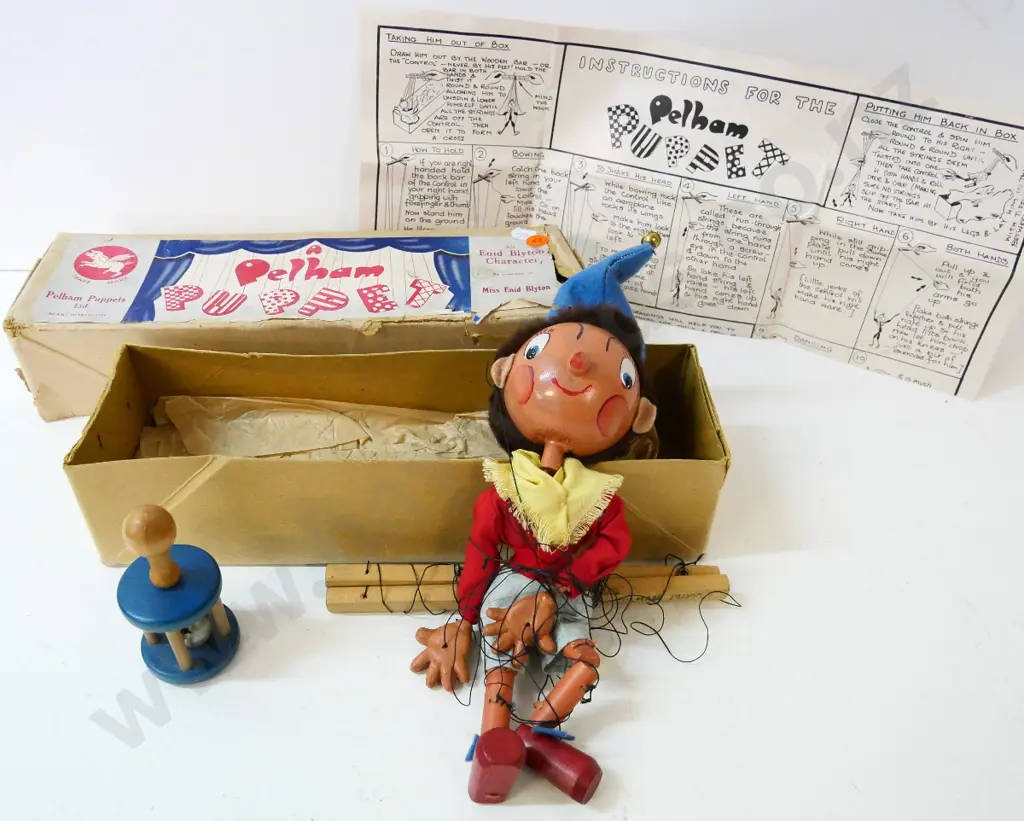 Pelham Puppets Noddy marionette in original box - a bit tangled up but in good order - and vintage wooden bell rattle Image 1++