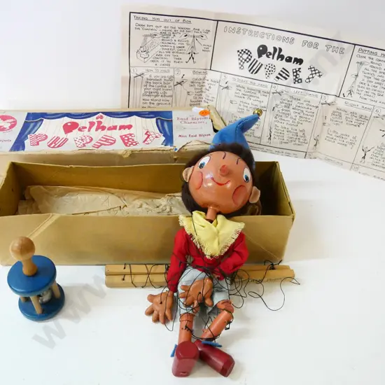 Pelham Puppets Noddy marionette in original box - a bit tangled up but in good order - and vintage wooden bell rattle