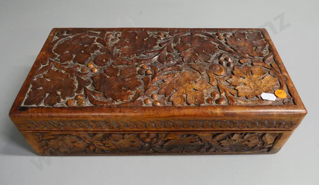 carved wooden box with grape motif H-110 W-360 D-180 Image 1++
