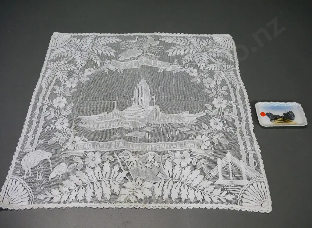 lacework 1940 New Zealand Exhibition souvenir and a Timaru pin dish, no maker's mark Image 1++