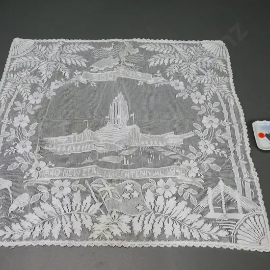 lacework 1940 New Zealand Exhibition souvenir and a Timaru pin dish, no maker's mark