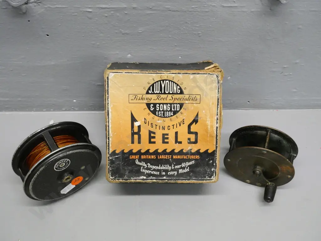 2 metal fly fishing reels - J.W. Young Condex Diameter 90 and smaller unmarked reel D-75 Image 1++