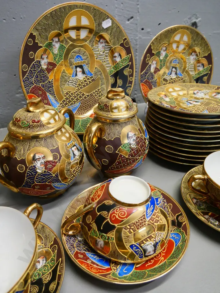 large quantity of Chinese 'lithophane' teaware - 7 trios, teapot, cream & sugar, assorted plates and numerous saucers Image 1++