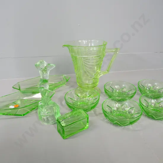 10 pieces of green depression glass including jug H-180, figurine float bowl centre, mustard pot etc.