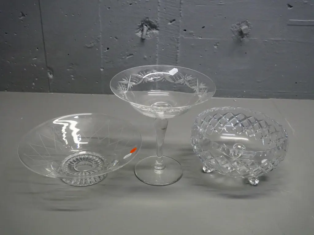3 cut or etched crystal items - Stuart bowl, Webb-Corbett comport, and a 3-footed bowl, no maker's mark Image 1++