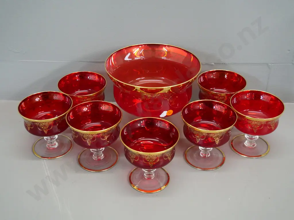 European ruby glass and gilt decorated comport style serving bowl H175 D190 & 7 dessert dishes Image 1++