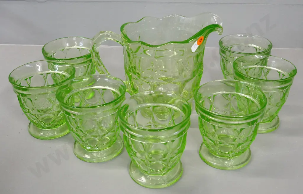 green depression glass water set with 7 tumblers - jug is H-150 Image 1++