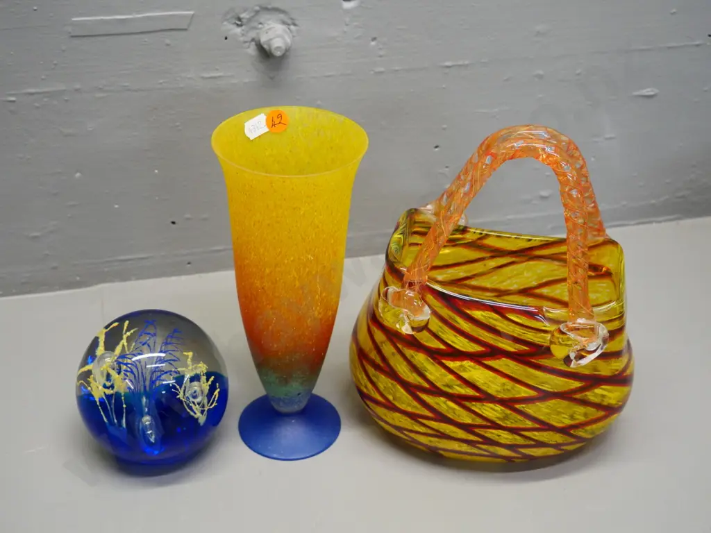 3 glass items - paperweight, footed vase H-210 and a basket vase Image 1++