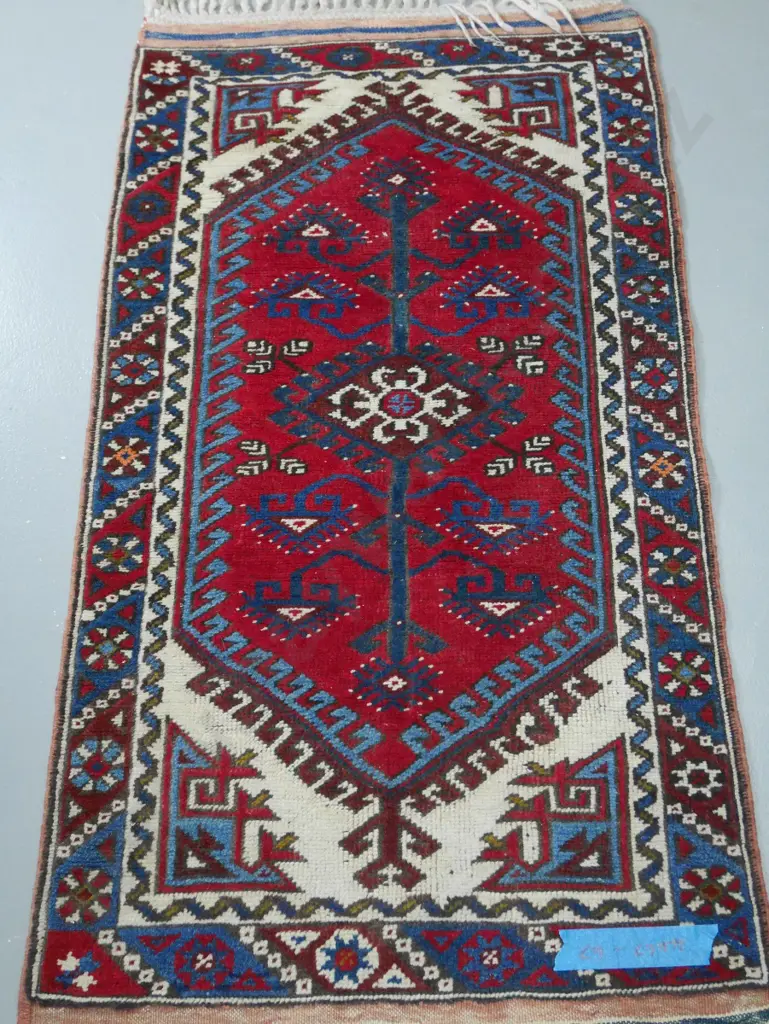 Persian style hand-knotted wool floor rug - dark red, blue and cream L1250 W740 Image 1++