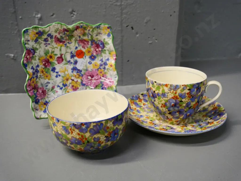 all-over-floral china items - Midwinter sweet dish, Ducal sugar bowl, cup & saucer Image 1++