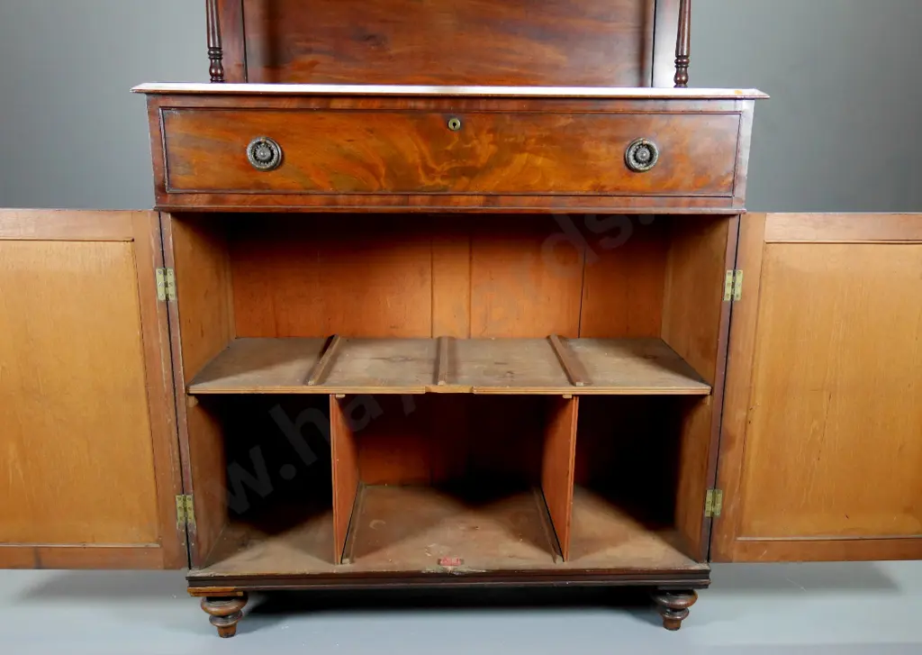 mahogany chiffonier writing desk with drop-front writing tray, upstand shelf 2 doors - some damage H1380 W950 D410 Image 1++