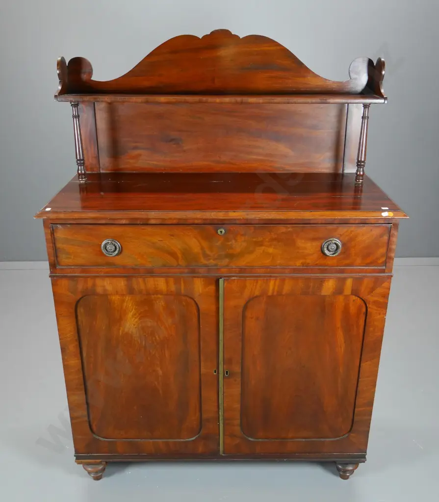 mahogany chiffonier writing desk with drop-front writing tray, upstand shelf 2 doors - some damage H1380 W950 D410 Image 1++