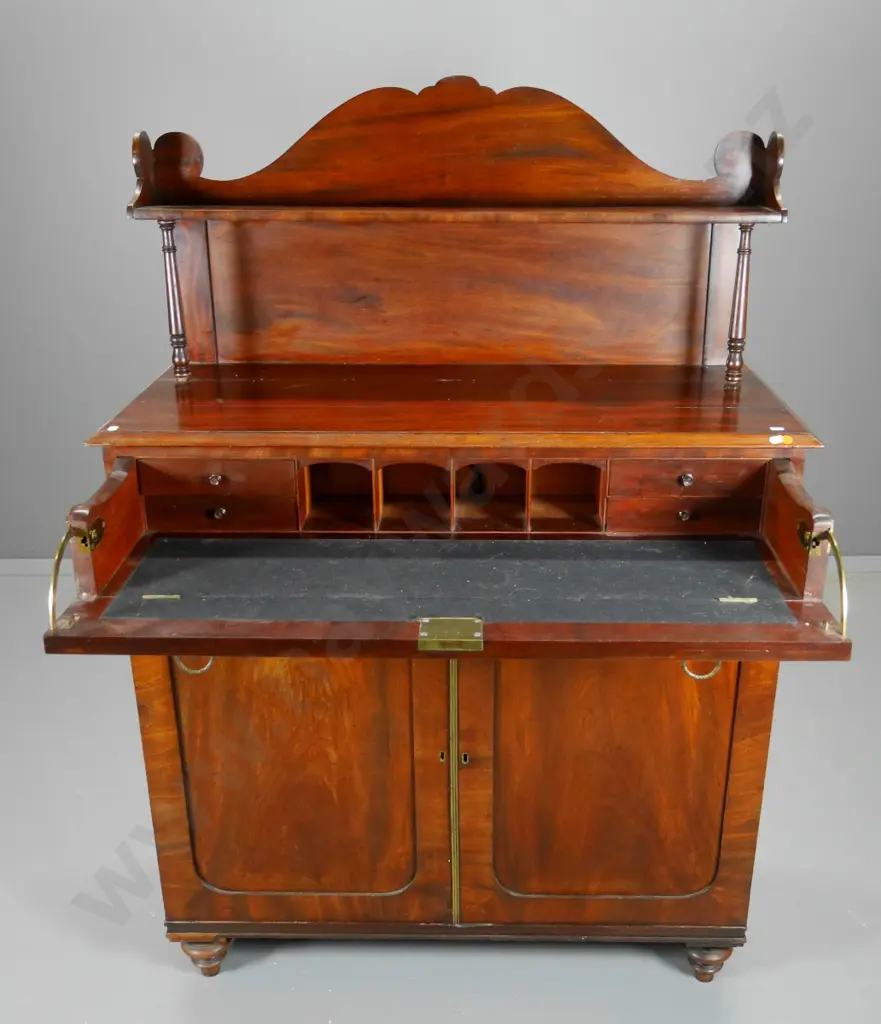 mahogany chiffonier writing desk with drop-front writing tray, upstand shelf 2 doors - some damage H1380 W950 D410 Image 1++