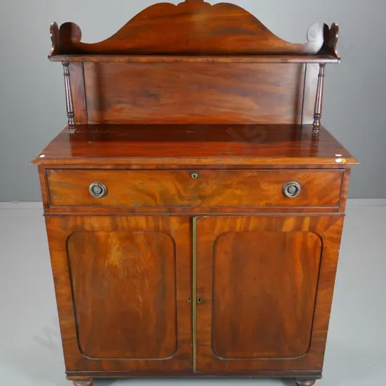 mahogany chiffonier writing desk with drop-front writing tray, upstand shelf 2 doors - some damage H1380 W950 D410