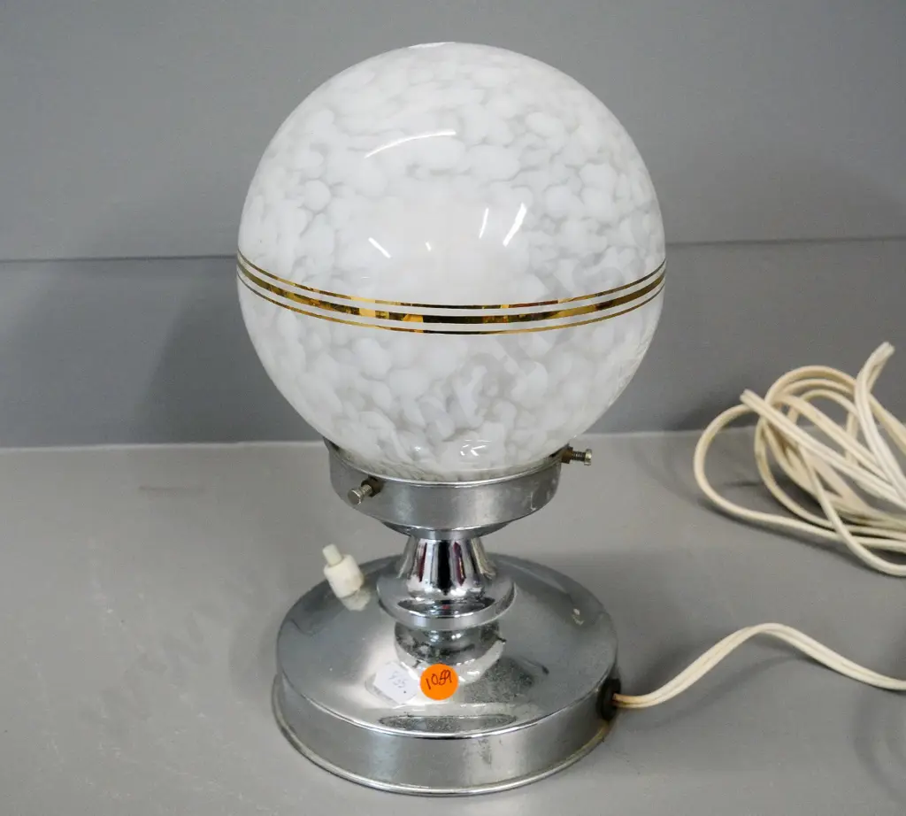 deco chrome bedside lamp with cloud glass globe shade with gilt stripe H-270 Image 1++