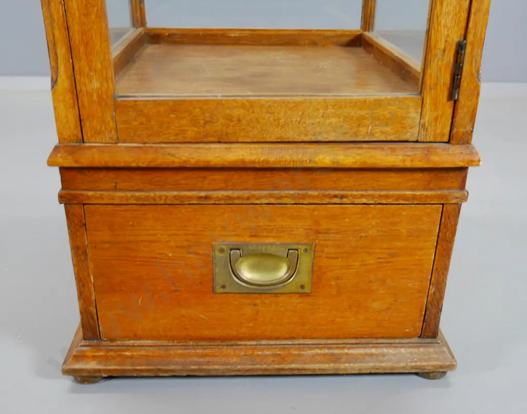 tall oak single door illuminated display cabinet glazed all sides, drawer w/brass campaign handles H1960 W390 D490 Image 1++