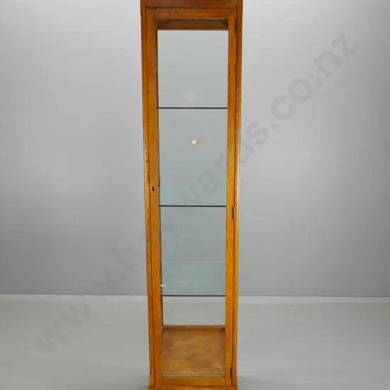 tall oak single door illuminated display cabinet glazed all sides, drawer w/brass campaign handles H1960 W390 D490