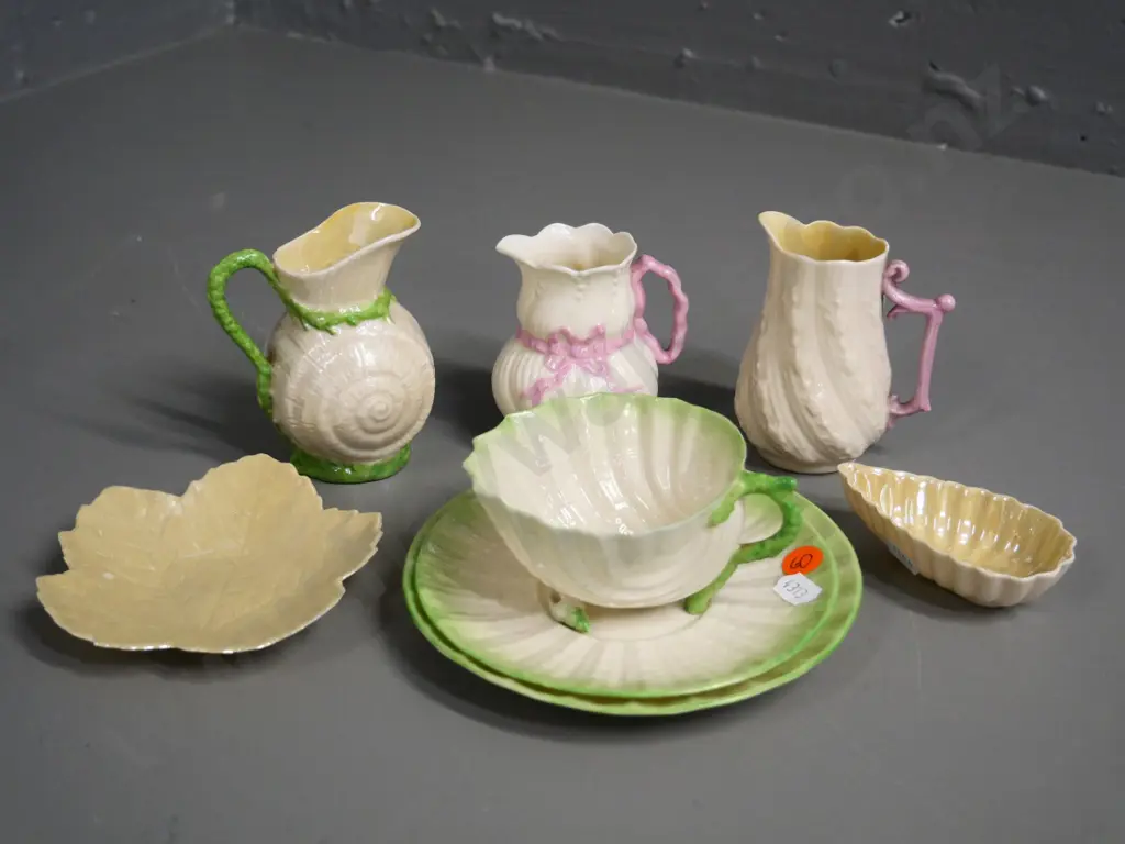 6 pieces Belleek black mark china - 3 jugs, trio, and 2 small dishes Image 1++
