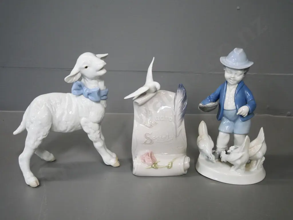 Lladro lamb H-190, Lladro Society plaque, and a German figure - boy feeding chickens Image 1++
