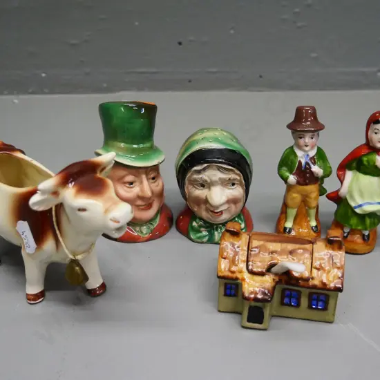 assorted condiments - Beswick and one other salt & pepper, cow creamer, German mustard pot, etc.