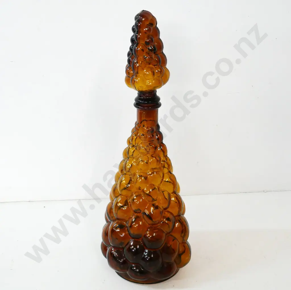 amber moulded bubble glass stoppered genie bottle H-400 - wobbles due to bulging base Image 1++