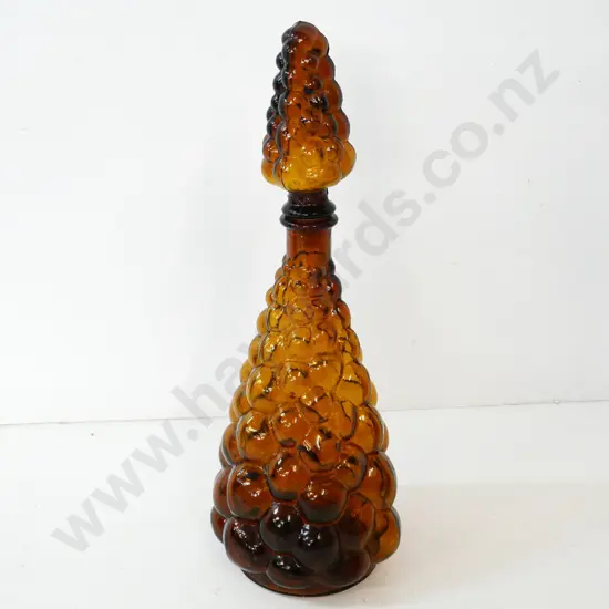amber moulded bubble glass stoppered genie bottle H-400 - wobbles due to bulging base