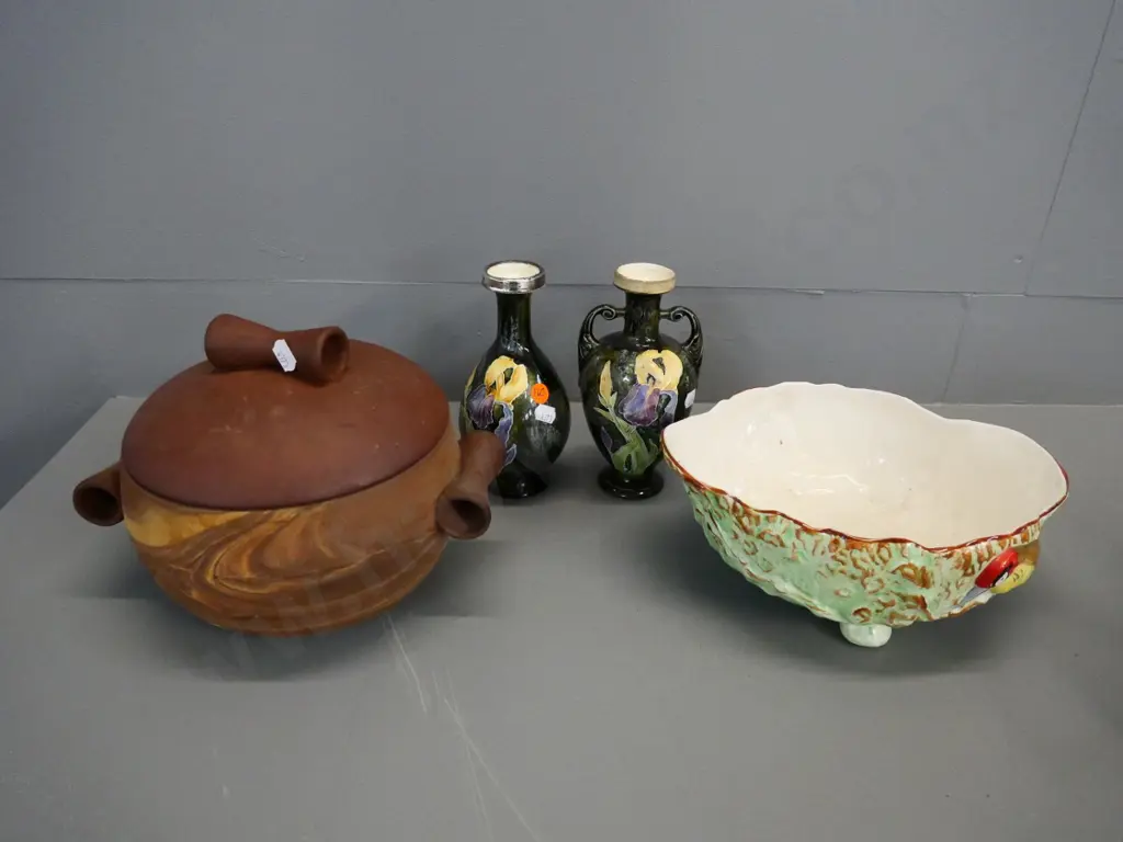 pair of vases, one w/sterling rim, one missing rim, Te Rona lidded casserole D-190, Weatherby serving bowl Image 1++