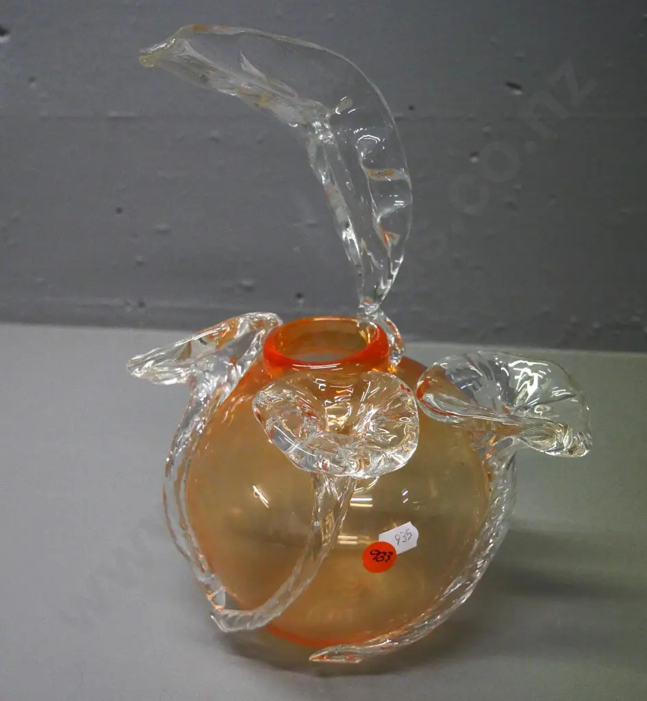 art glass vase - orange with clear morning glory flowers H-280 Image 1++